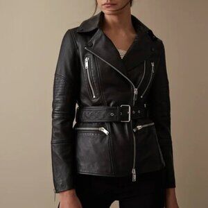 REISS Dulcie Belted Lamb Biker Moto Leather Jacket in Black Size 8 US / 12 UK